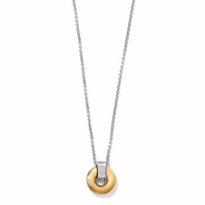 Brighton pendant necklace with gold-plated circular disc and silver-tone bail on a silver chain on a white background