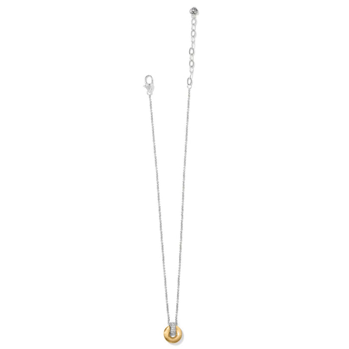Brighton pendant necklace with gold plated circular disc, crystal accent bar, and silver-tone chain on a white background