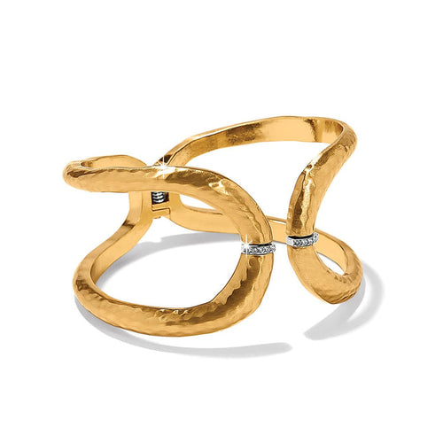 Brighton hinged cuff bracelet in gold-plated hammered finish with crystal accent bands on a white background
