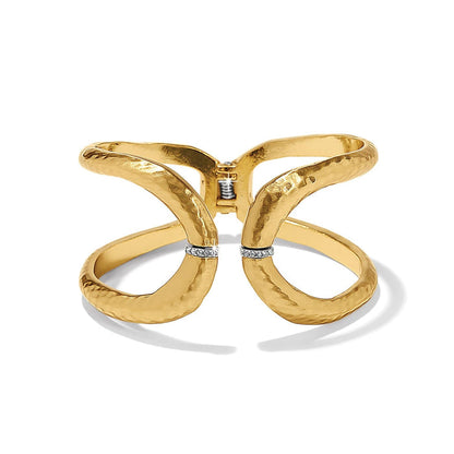 Brighton hinged cuff bracelet with hammered gold-plated finish and crystal accents at center on a white background
