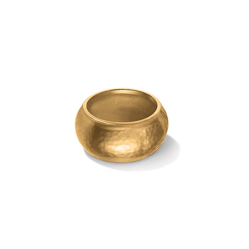 Brighton ring with wide domed band and brushed gold plated hammered finish on a white background