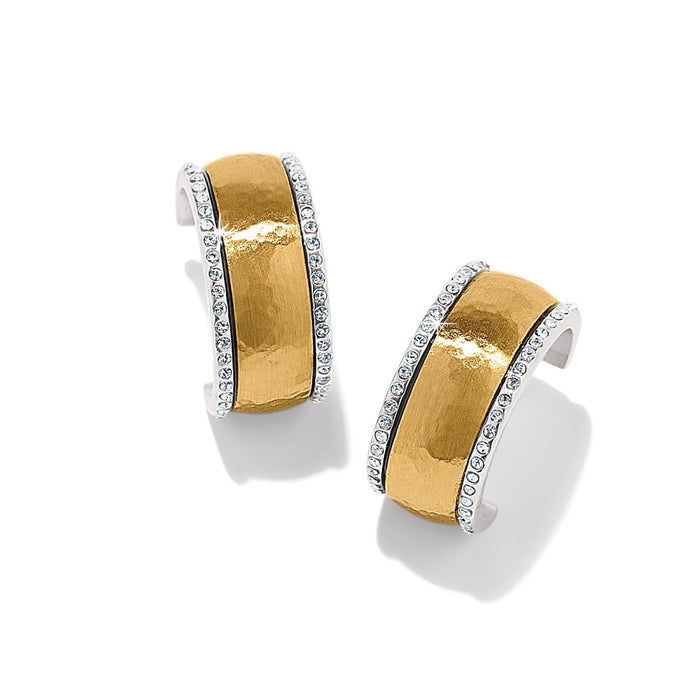 Brighton hoop earrings with gold-plated hammered centers and silver-tone crystal-lined edges on a white background
