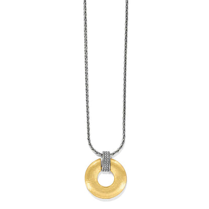 Brighton pendant necklace with gold-plated hammered circle and crystal-set bail on silver-tone chain on a white background