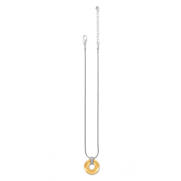 Brighton pendant necklace with gold plated open circle, crystal accents, and silver-tone chain on a white background