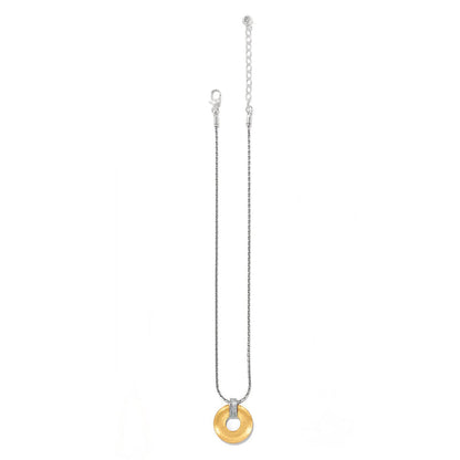 Brighton pendant necklace with gold plated open circle, crystal accents, and silver-tone chain on a white background
