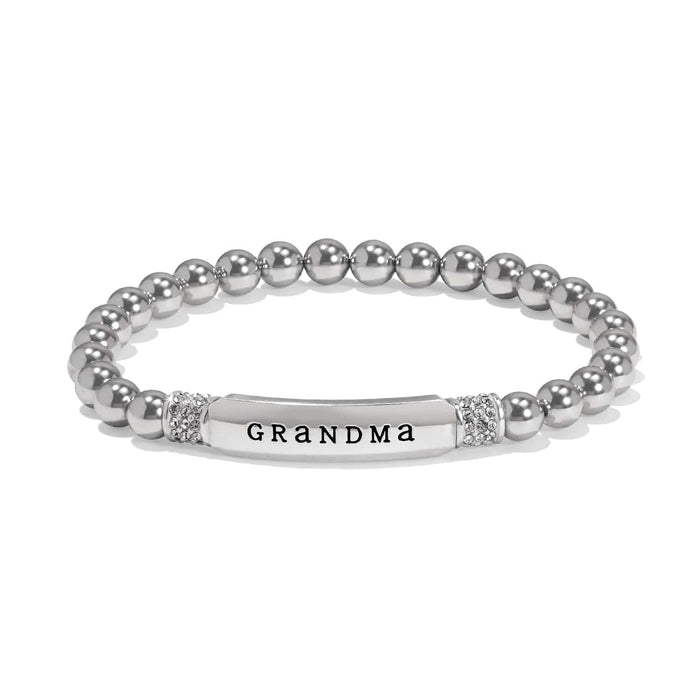 Brighton beaded stretch bracelet with silver-plated beads, crystal accents, and Grandma engraved bar on a white background