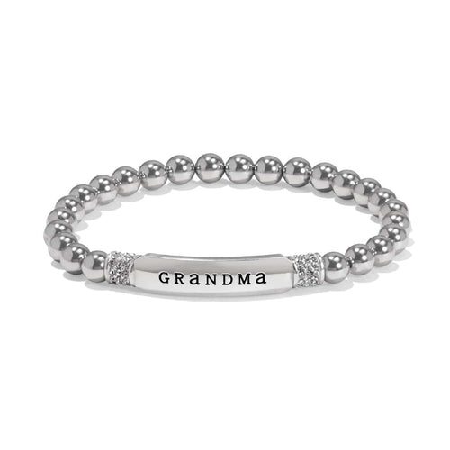 Brighton beaded stretch bracelet with silver-plated beads, crystal accents, and Grandma engraved bar on a white background