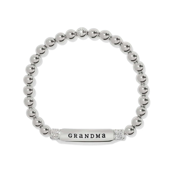 Brighton beaded bracelet with silver-plated beads and crystal-accented Grandma nameplate on a white background