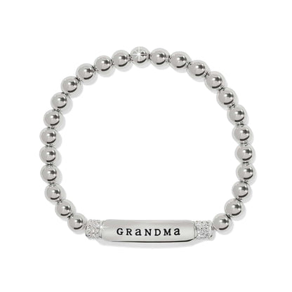 Brighton beaded bracelet with silver-plated beads and crystal-accented Grandma nameplate on a white background