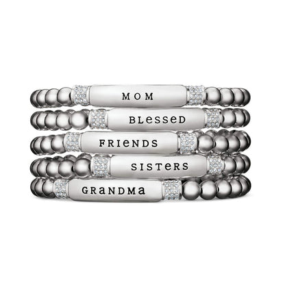 Brighton stretch bracelets stack with silver-plated beads, crystal accents, and Mom, Blessed, Friends, Sisters, Grandma bars on white background