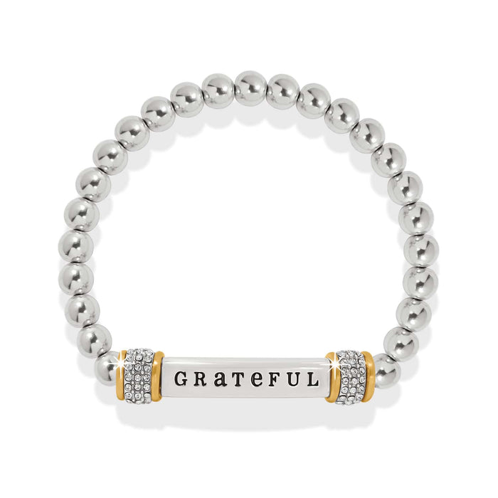 Brighton beaded stretch bracelet with silver-tone beads, crystal pave rondelles, and Grateful bar on a white background
