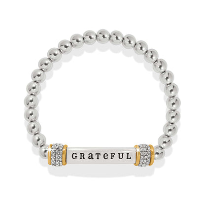Brighton beaded stretch bracelet with silver-tone beads, crystal pave rondelles, and Grateful bar on a white background