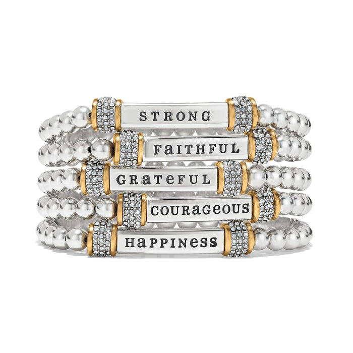 Brighton beaded stretch bracelets with two-tone bars reading Strong, Faithful, Grateful, Courageous, Happiness with crystal accents on a white background