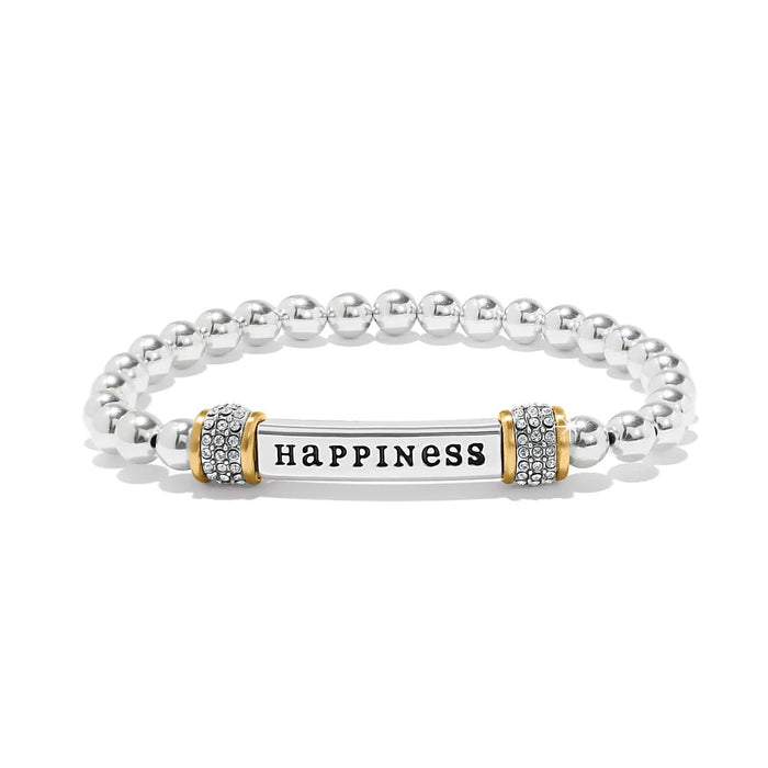 Brighton beaded bracelet with silver-tone beads, two-tone Happiness bar, and crystal accents on a white background