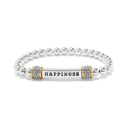 Brighton beaded bracelet with silver-tone beads, two-tone Happiness bar, and crystal accents on a white background