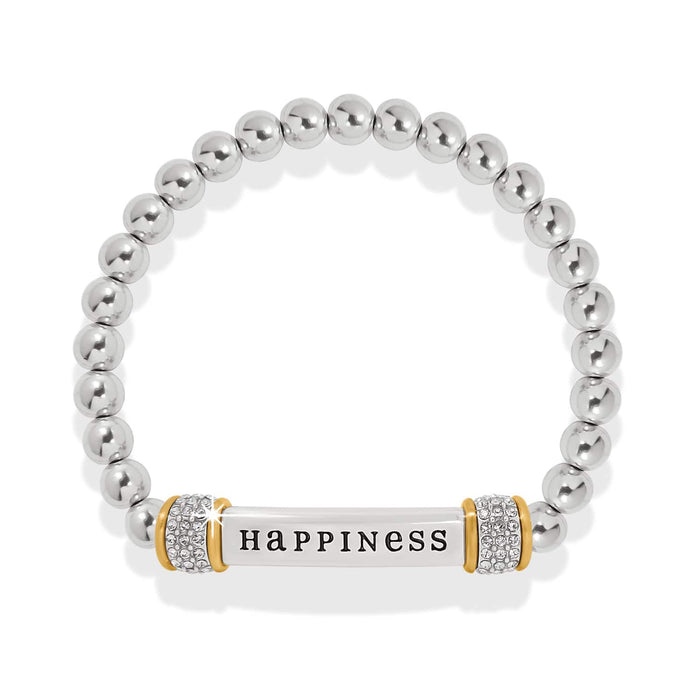 Brighton beaded stretch bracelet with silver-tone beads, Happiness bar, and two-tone crystal pave accents on a white background