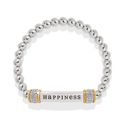 Brighton beaded stretch bracelet with silver-tone beads, Happiness bar, and two-tone crystal pave accents on a white background