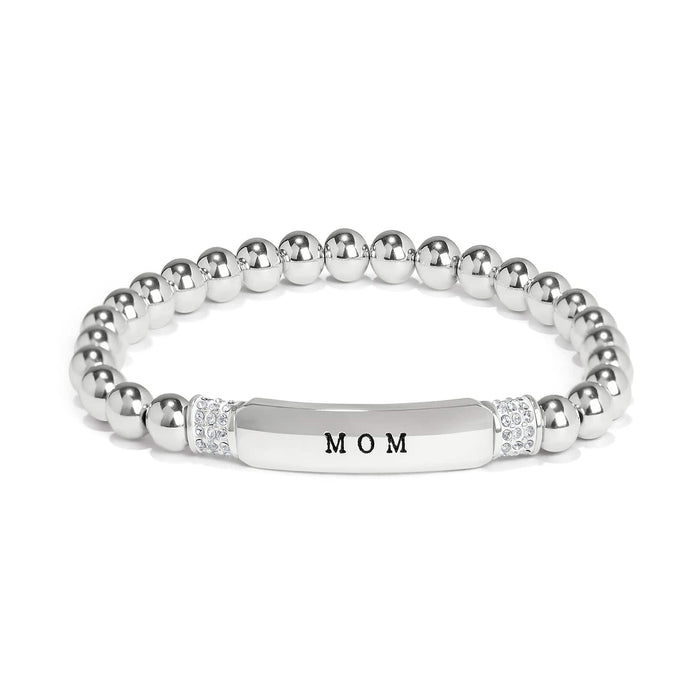 Brighton beaded stretch bracelet with silver-plated beads, engraved MOM bar, and crystal accents on a white background