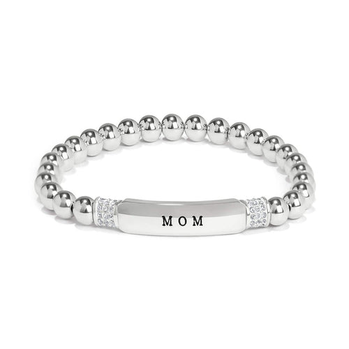 Brighton beaded stretch bracelet with silver-plated beads, engraved MOM bar, and crystal accents on a white background