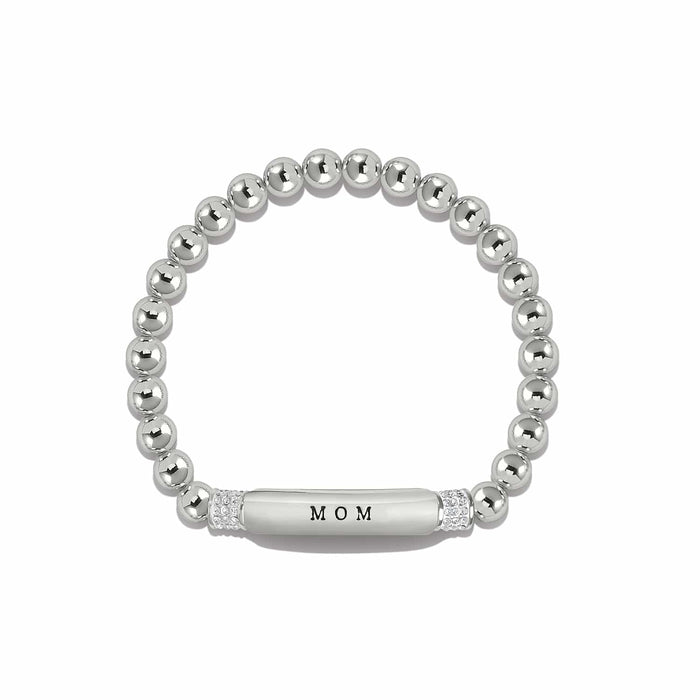 Brighton beaded stretch bracelet with silver-plated beads, Mom engraved bar, and crystal accents on a white background