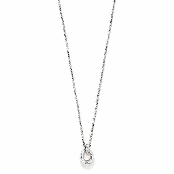 Brighton pendant necklace with silver-plated oval drop, crystal-accented bail, and rolo chain on a white background