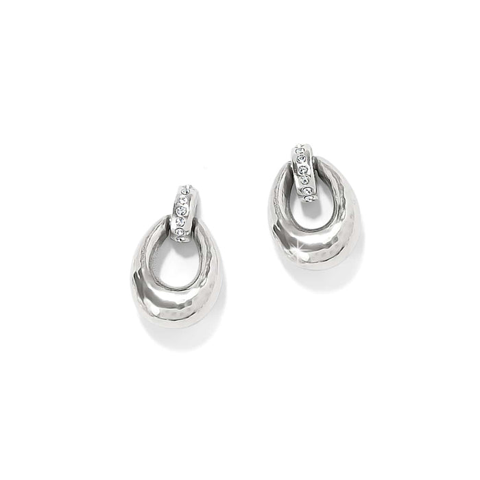 Brighton doorknocker earrings with hammered silver-plated loops and crystal-set bar accents on a white background