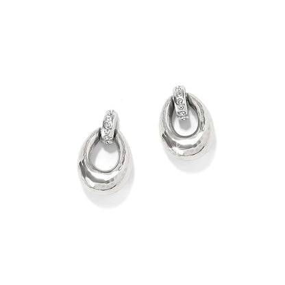 Brighton doorknocker earrings with hammered silver-plated loops and crystal-set bar accents on a white background