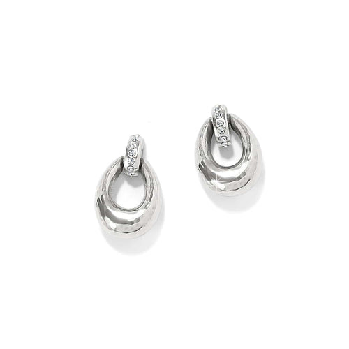 Brighton doorknocker earrings with hammered silver-plated loops and crystal-set bar accents on a white background