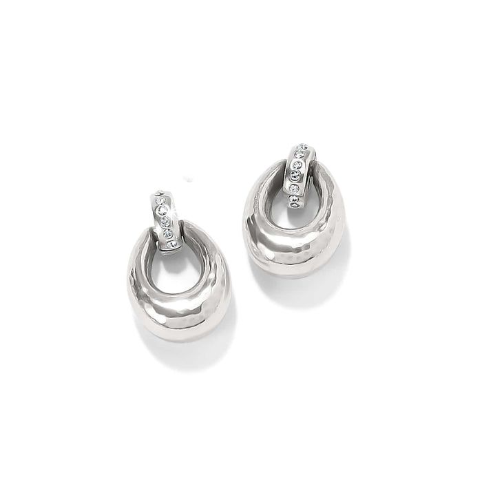 Brighton drop earrings with hammered silver-plated oval loops and crystal-set top bars on a white background