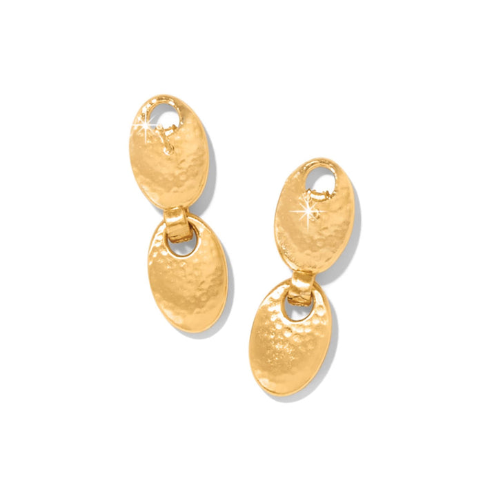 Brighton drop earrings with two hammered gold-plated oval discs linked together on a white background