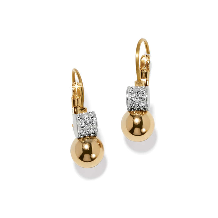 Brighton drop earrings with gold-plated bead, crystal-encrusted silver-plated band, and lever-back hooks on a white background