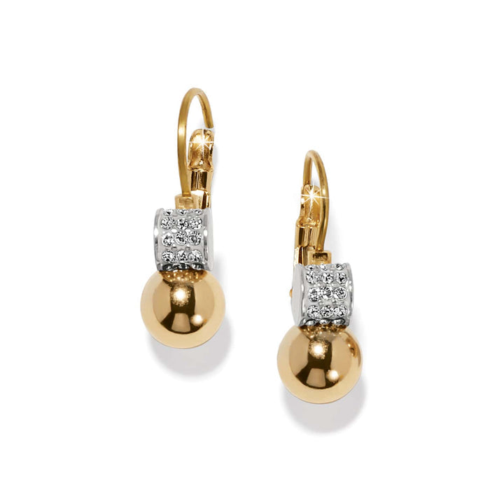 Brighton drop earrings with gold-plated beads and silver-plated crystal pavé accents on lever-back hooks on a white background