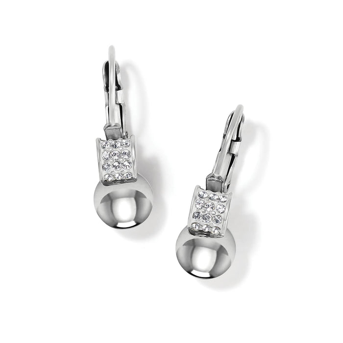 Brighton drop earrings with silver-plated rounded beads and crystal-accented tops with leverback closures on a white background