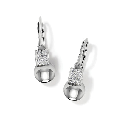 Brighton drop earrings with silver-plated rounded beads and crystal-accented tops with leverback closures on a white background