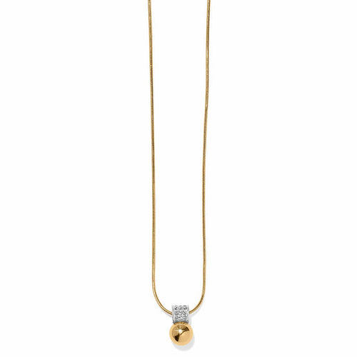 Brighton pendant necklace with gold-plated chain, gold ball pendant, and silver-plated crystal accent on a white background