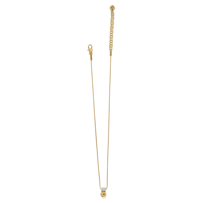 Brighton gold-plated necklace with crystal pavé bead and polished gold ball pendant on a white background