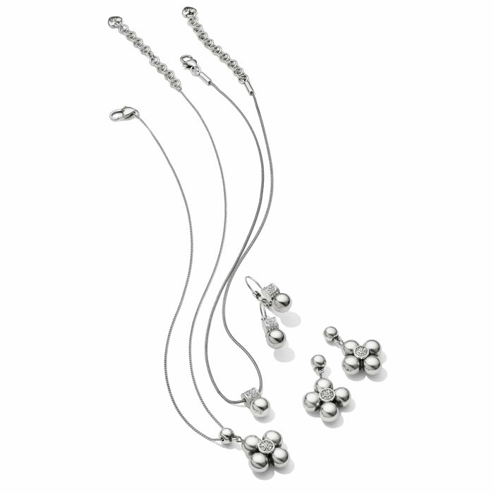 Brighton silver-plated jewelry set with floral beaded pendant necklace and matching drop earrings with crystal accents on a white background