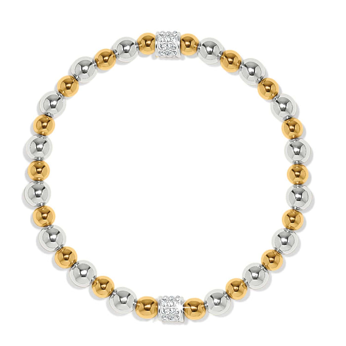 Brighton beaded stretch bracelet with silver-plated and gold-plated beads accented by crystal pavé stations on a white background