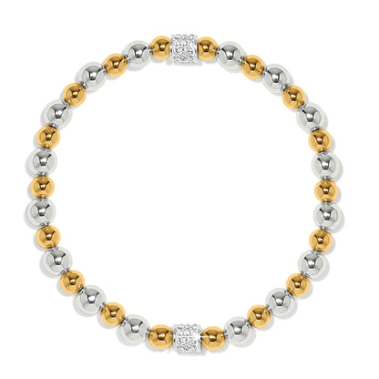 Brighton beaded stretch bracelet with silver-plated and gold-plated beads accented by crystal pavé stations on a white background