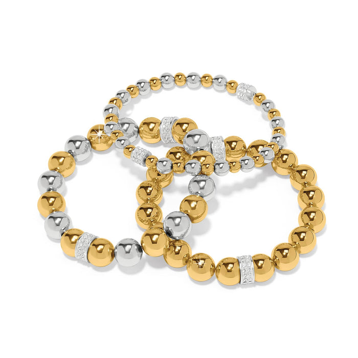 Brighton beaded bracelet set with gold-plated and silver-plated beads accented by crystal pavé rondelles on a white background