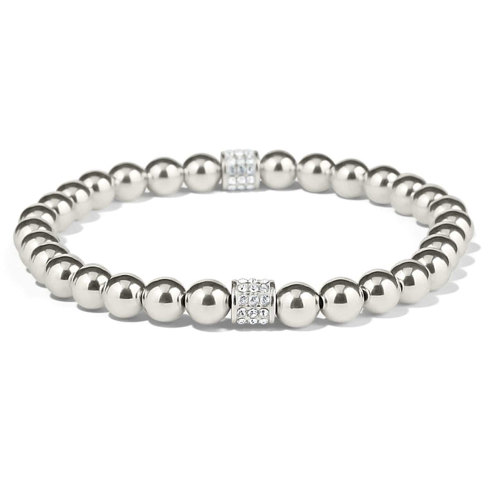 Brighton beaded bracelet with silver-plated round beads and two crystal pavé accent barrels on a white background