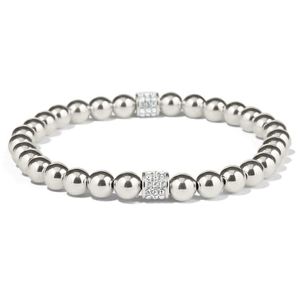 Brighton beaded bracelet with silver-plated round beads and two crystal pavé accent barrels on a white background