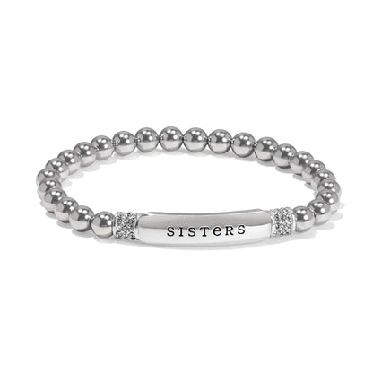 Brighton beaded stretch bracelet with silver-plated beads, crystal accents, and SISTERS engraved bar on a white background