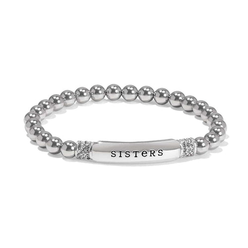 Brighton beaded stretch bracelet with silver-plated beads, crystal accents, and SISTERS engraved bar on a white background