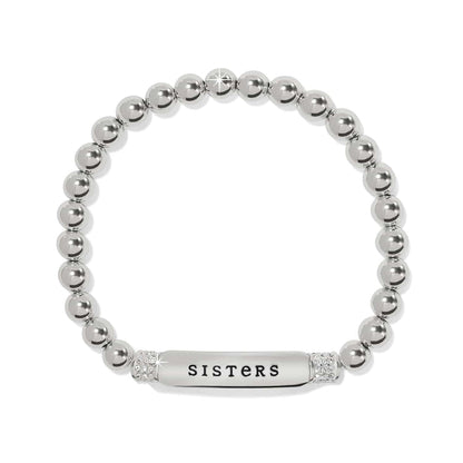 Brighton beaded stretch bracelet with silver-plated beads, crystal accents, and Sisters engraved bar on a white background