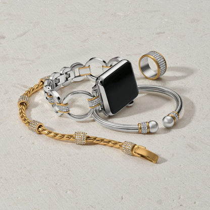 Meridian Tempo Apple Watch Band on it's side with matching bracelet and ring