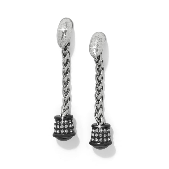 Brighton drop earrings with hammered silver-plated tops, braided chains, and black crystal-set bead ends on a white background