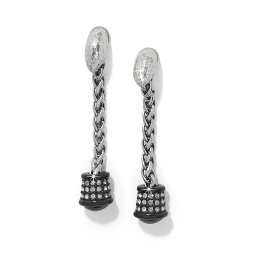Brighton drop earrings with hammered silver-plated tops, braided chains, and black crystal-set bead ends on a white background