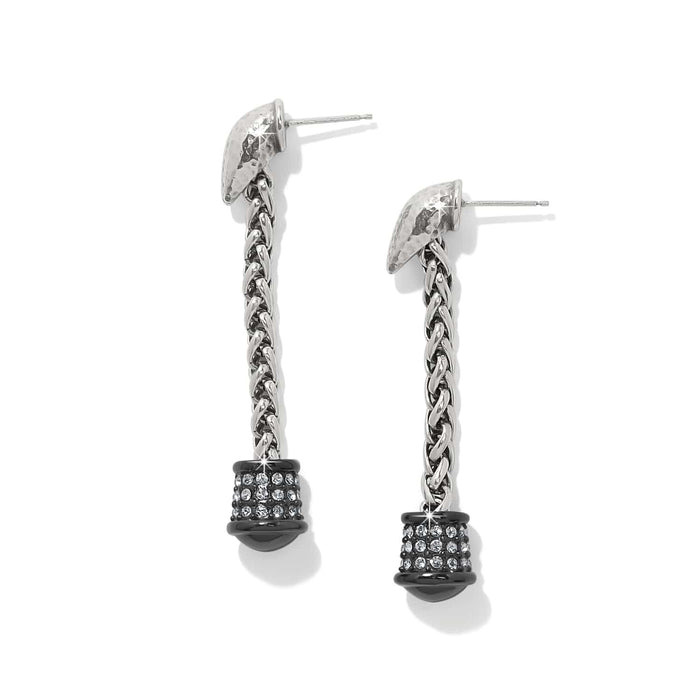 Brighton drop earrings with silver-plated wheat chains and black crystal-set bead ends on a white background