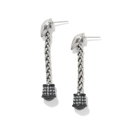 Brighton drop earrings with silver-plated wheat chains and black crystal-set bead ends on a white background